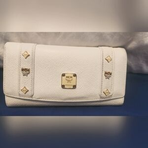 MCM White Leather Clutch with Gold Accents